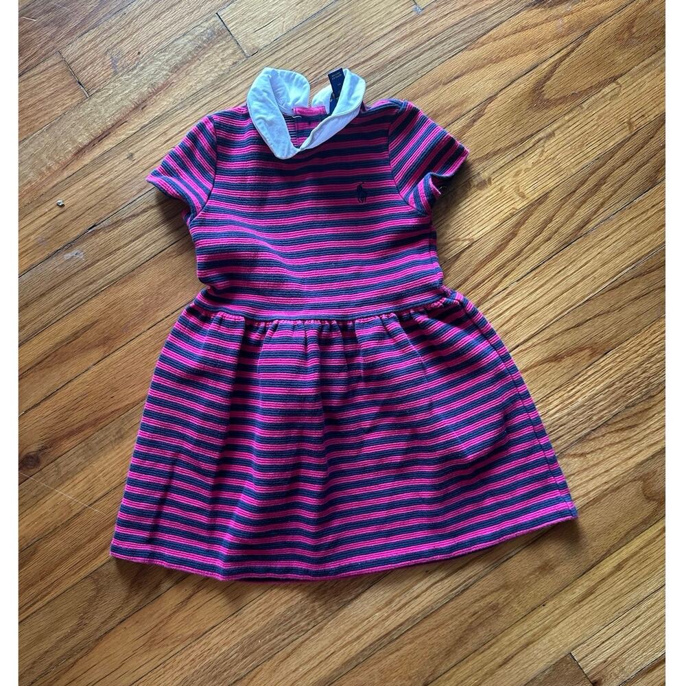 Polo Ralph Lauren Baby Girls’ Striped Polo Dress – Navy & Pink, Size 4T